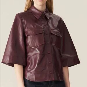 Ganni Burgandy Leather Short Sleeve Jacket Shirt
